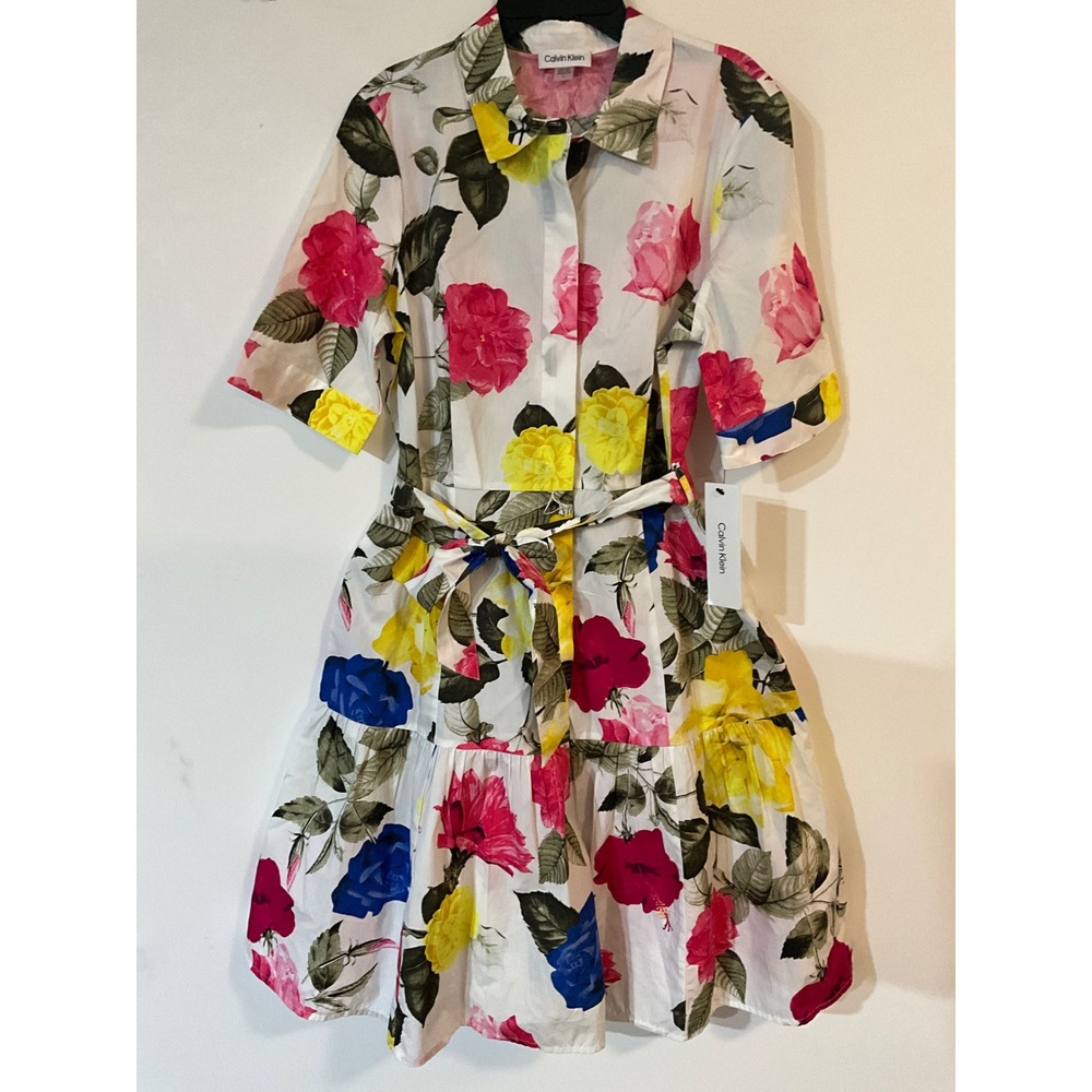 Calvin Klein Women Floral Cotton Shirt Dress White Multi Tiered Ruffle Size 8